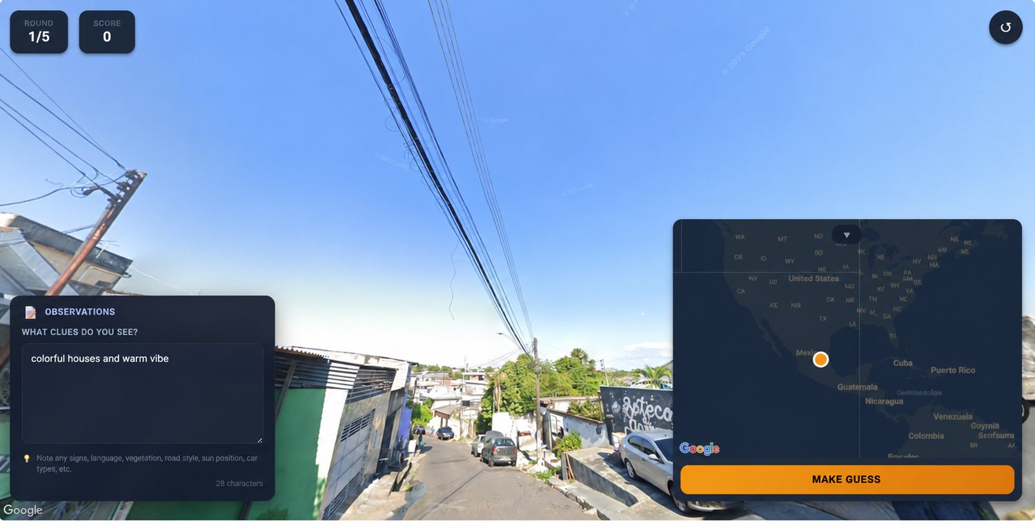The human annotation interface: a navigable Street View panorama with an OBSERVATIONS panel asking what clues the player sees, a world mini-map with a placed marker, and a MAKE GUESS button.