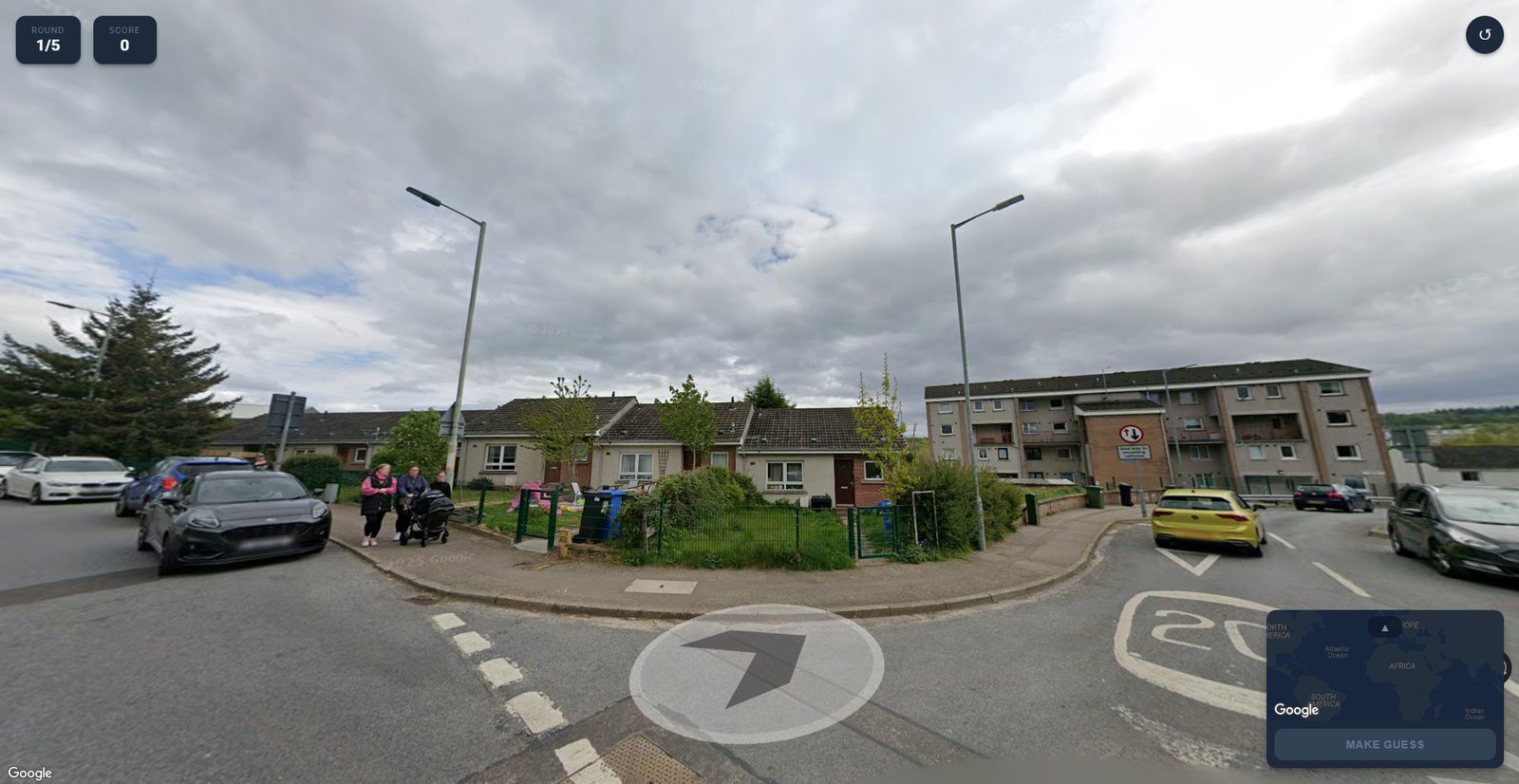 The GeoAgent web interface: a Street View panorama of a residential street in Inverness, with a round counter, score, navigation arrow, world mini-map and a MAKE GUESS button.