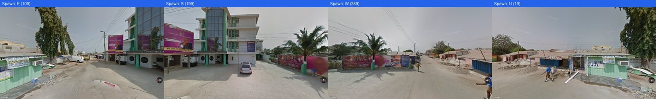 A 4-view composite: four Street View screenshots at 0, 90, 180 and 270 degrees stitched into one strip.