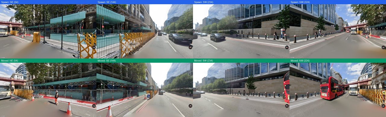 An 8-view composite: the four spawn-point views on the top row, and four more captured after one MOVE_FORWARD action on the bottom row.